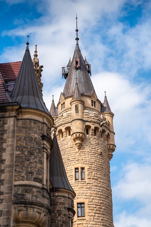 MOSZNA, POLAND - July 16, 2019: Details of the Moszna Castle in southwestern Poland, the castle is one of the most magnificent castles in the world from 17th century.のeditorial素材