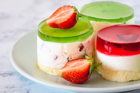 Mini round cold cheesecakes with fruit jelly and strawberries.