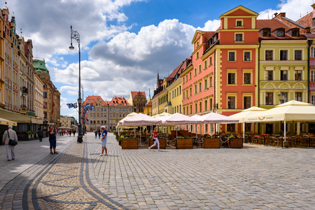 WROCLAW, POLAND - July 17, 2019: Market Square in Wroclaw Old Town. Wroclaw is a historical capital of Lower Silesia, city with one of the bigest Market squares in Europe.のeditorial素材