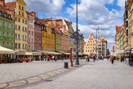 WROCLAW, POLAND - July 17, 2019: Market Square in Wroclaw Old Town. Wroclaw is a historical capital of Lower Silesia, city with one of the bigest Market squares in Europe.のeditorial素材