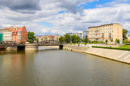 WROCLAW, POLAND - July 17, 2019: View of the Odra River Embankment and the Mlynsky or Mill Bridgeのeditorial素材