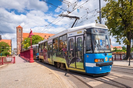 WROCLAW, POLAND - July 17, 2019: The tram on Sand Bridge (Most Piaskowy) in Wroclaw on a summer day.のeditorial素材