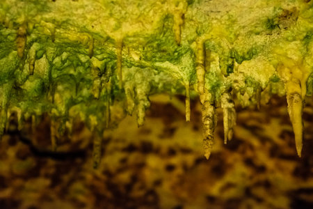 Formations of stalactites and stalagmites in a cave