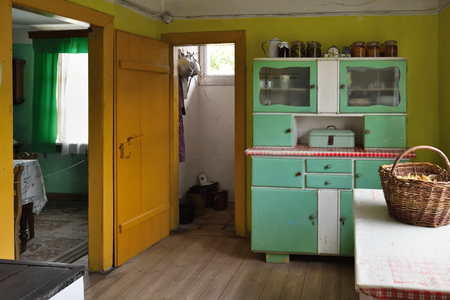 Osiek, Poland - August 16, 2019: Interior of old wooden farmstead in The Folk Culture Museum in Osiek by the river Notec.のeditorial素材