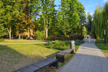 Bydgoszcz, Poland - August 15, 2019: Mlynska Island, promenade along the Brda River in the historic district of Bydgoszczのeditorial素材