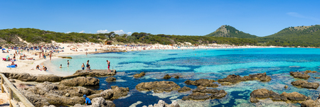 Mallorca, Spain - May 10, 2019: Panramic view of Cala Agulla, a unique sandy beach located in the northeast of Majorca. Spainのeditorial素材