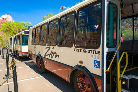 Utah, USA - April 7,2019: Bus public transportation in Zion National Parkのeditorial素材