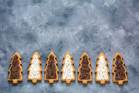 Christmas background with cookies. Christmas trees. Flat lay
