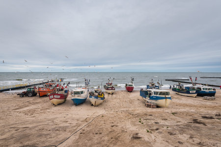 Jaroslawiec, Poland - October 31, 2016: Fishing boats in Jaroslawiec fishing village on a cloudy...