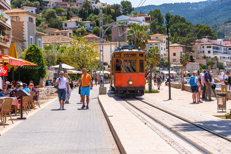 MALLORCA, SPAIN - May 7, 2019: Seafront promenade at Port de Soller in Mallorca
