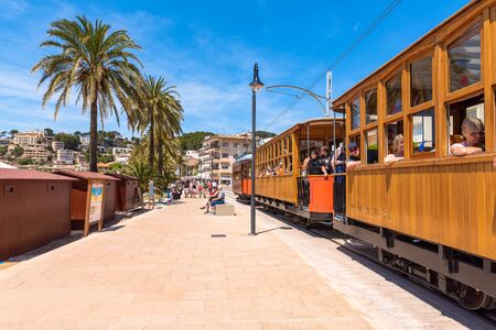 MALLORCA, SPAIN - May 7, 2019: Electric tram running at the Port of Soller in Majorcaの写真素材