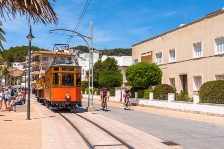 MALLORCA, SPAIN - May 7, 2019: Electric tram running at the Port of Soller.のeditorial素材