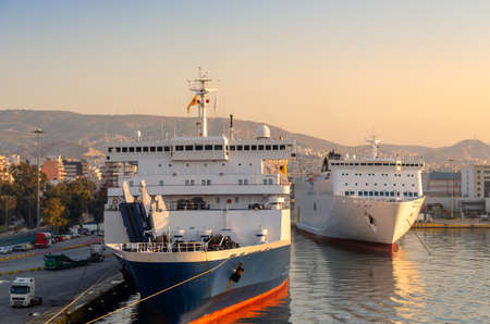 Ferries are docking at the port of Piraeus, Greece.の写真素材