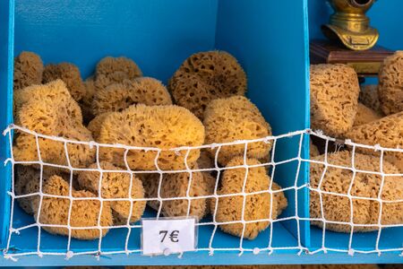 Natural sea Greek sponges sold in the port of Rhodes. Dodecanese Islands. Greeceの写真素材