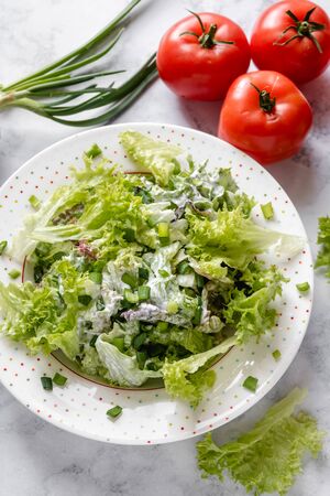 Fresh lettuce with yogurt and chives on a plateの写真素材