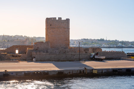 Fortifications of the old city of Rhodes seen from the sea. Dodecanese Islands, Greeceの写真素材