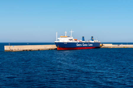 Rhodes, Greece - May 15, 2018. Creta Cargo Lines ship docking at the port of Rhodes, Greece.のeditorial素材