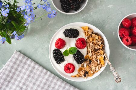 Yogurt with muesli, blackberries and raspberriesの写真素材
