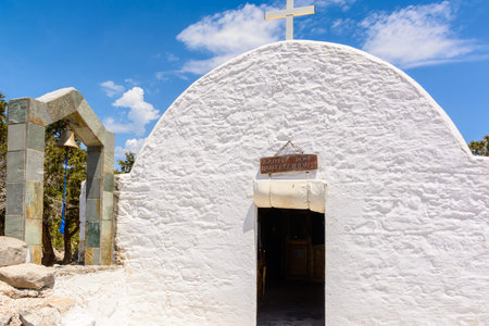 White chapel with bell tower on the hill of Monolithos  on Rhodes island. Greeceの写真素材