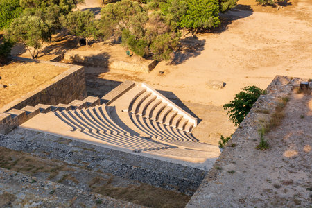 Ancient theater with marble seats. The Acropolis of Rhodes. Rhodes island, Greece