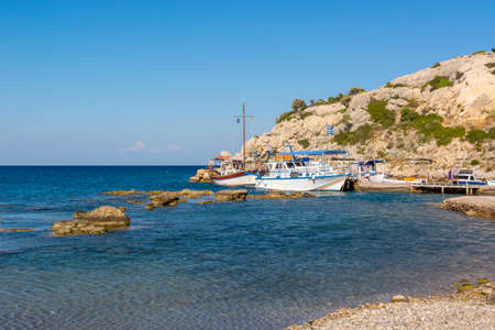 Rhodes, Greece - May 13, 2018: Sea bay with small port in Kolymbia on Rhodes islan. greeceのeditorial素材