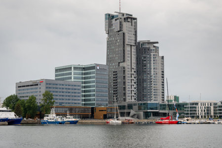 Gdynia, Poland - June 30, 2020: Modern architecture of the Sea Towers skyscrapers in Gdynia