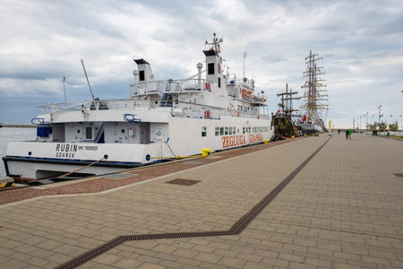 Gdynia, Poland - June 30, 2020: The seaside promenade in Gdynia. Harbor of Baltic Sea. Poland.のeditorial素材