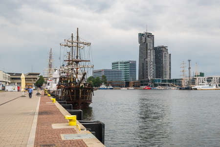 Gdynia, Poland - June 30, 2020: The seaside promenade in Gdynia. Harbor of Baltic Sea. Poland.のeditorial素材