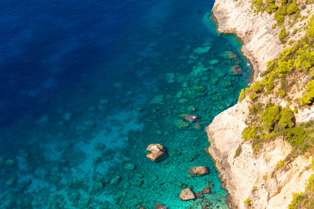 Turquoise water of Porto Schiza beach on Zakynthos island. Greece.