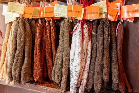 Menorca, Spain - October 14, 2019: Traditional Spanish cold cuts at a local Menorca supermarketのeditorial素材