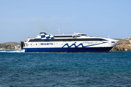 Paros, Greece - September 27, 2020: WorldChampion Jet Seajets, one of the fastest high-speed ferries...