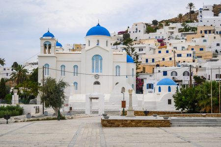 Cathedral church in the center of the main village of Chora on island of Ios. Cyclades, Greece