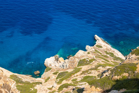 Sea view on coast of Folegandros Island in Chora town. Cyclades, Greece
