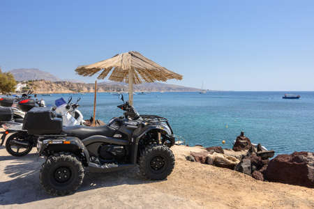 Santorini, Greece - September 16, 2020: Quad bike parked near the famous Red Beach of Akrotiri. Santorini Island, Greeceのeditorial素材