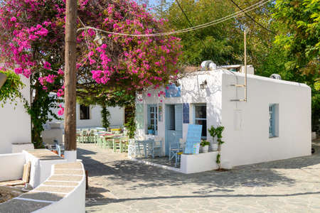 Folegandros, Greece - September 23, 2020: Cafe bar in the center of Chora, the capital of the island of Folegandrosのeditorial素材