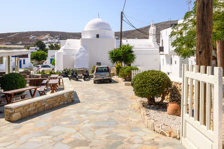 Folegandros, Greece - September 23, 2020: Greek whitewashed church with white dome in Chora, the capital of Folegandros Island.のeditorial素材