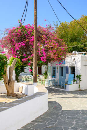 Folegandros, Greece - September 23, 2020: Cafe bar in the center of Chora, the capital of the island of Folegandrosのeditorial素材