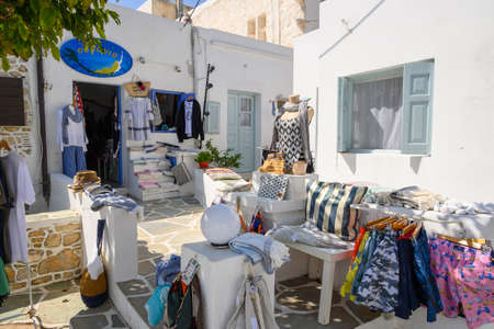 Folegandros, Greece - September 23, 2020: Shop with souvenirs on street in Chora town in Folegandros Island, Greece.のeditorial素材