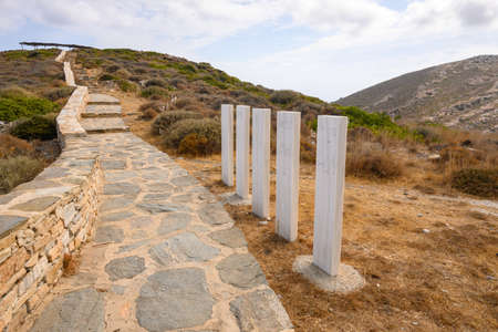 Ios, Greece - September 20, 2020: Boards with inscriptions in different languages near the Tomb of Homer in northern Ios. Cyclades Islands, Greeceのeditorial素材