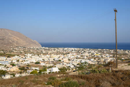 Santorini, Greece - September 16, 2020: Perissa village of Santorini, situated in the southern part of the island, at the foot of Profitis Ilias Mountain. Cyclades, Greeceのeditorial素材