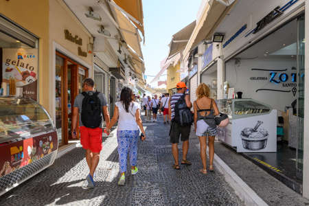 Santorini Greece, September 17, 2020: Street in Fira, a largest town in Santorini with lots of restaurants and shopping. Cyclades Islands, Greeceのeditorial素材