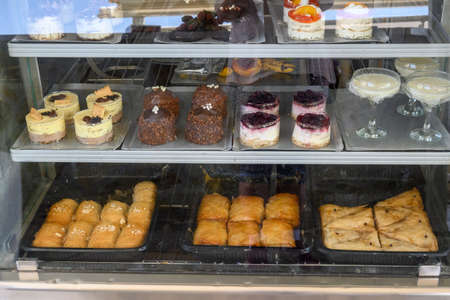 Santorini Greece, September 17, 2020: A shop window with Greek confectionery in Fira on the Santorini Island. Cyclades, Greeceのeditorial素材