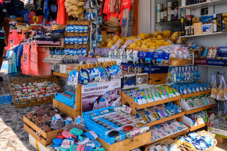 Santorini Greece, September 17, 2020: A shop with tourist souvenir on street in Fira town on Santorini Island, Greeceのeditorial素材