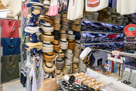 Santorini Greece, September 17, 2020: Storefront with clothing on street in Fira on Santorini in Greeceのeditorial素材
