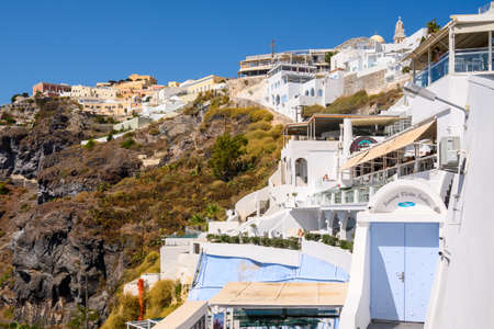 Santorini Greece, September 17, 2020: Houses on a hill in Fira on the Santorini Island. Cyclades, Greeceのeditorial素材