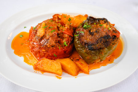 Stuffed paprika with minced meat in tomato sauce. Traditional Greek dish.の写真素材