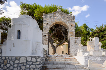 Paros, Greece - September 27, 2020: Old Greek graveyard in Lefkes on Paros Island.のeditorial素材