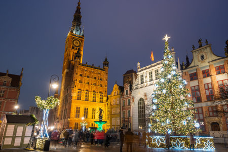 Gdansk, Poland - December 12, 2020: Christmas scenery at medieval Long Market street in Gdansk. Polandのeditorial素材