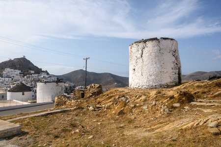 The traditional Greek windmills of Ios Island in beautiful Cycladic town of Chora. Greeceの写真素材