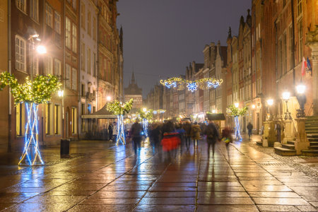 Gdansk, Poland - December 12, 2020: The Long Lane in Gdansk at night, one of the most notable tourist attractions of the city.のeditorial素材